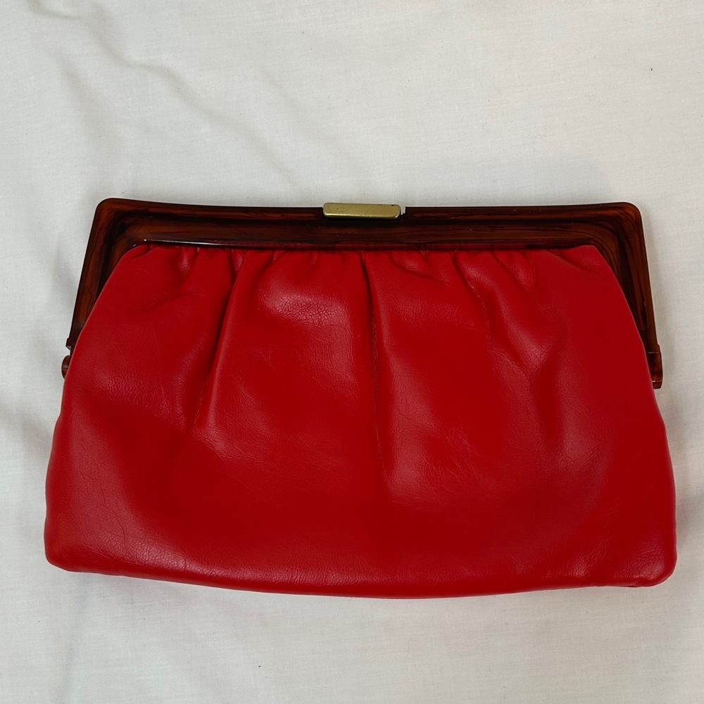 Vibrant Red Vinyl Clutch with Brown Lucite Kiss Lock